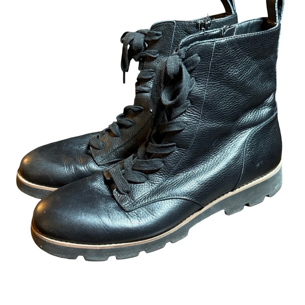 Vionic Lani Ankle Boots Women 9 Black Leather Lace Up Side Zip Combat Lug Sole
